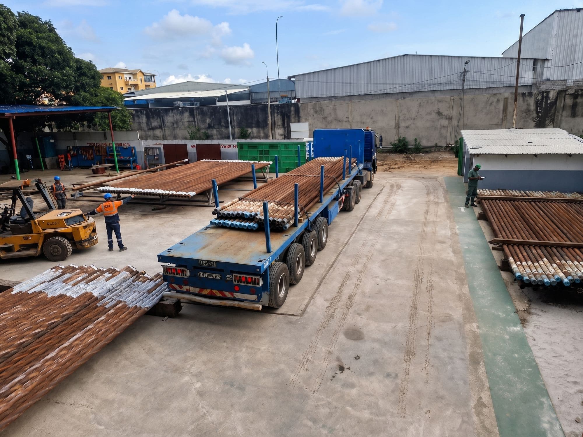Tiges de forage stockées sur la base logistique de GLOBAL INSPECTION à Pointe-Noire